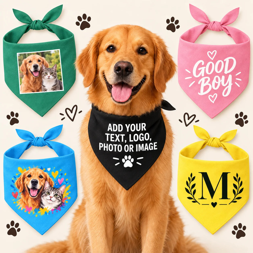 Bandana personnalisé pour chien – Foulard triangle avec texte, photo ou logo | Toutes tailles