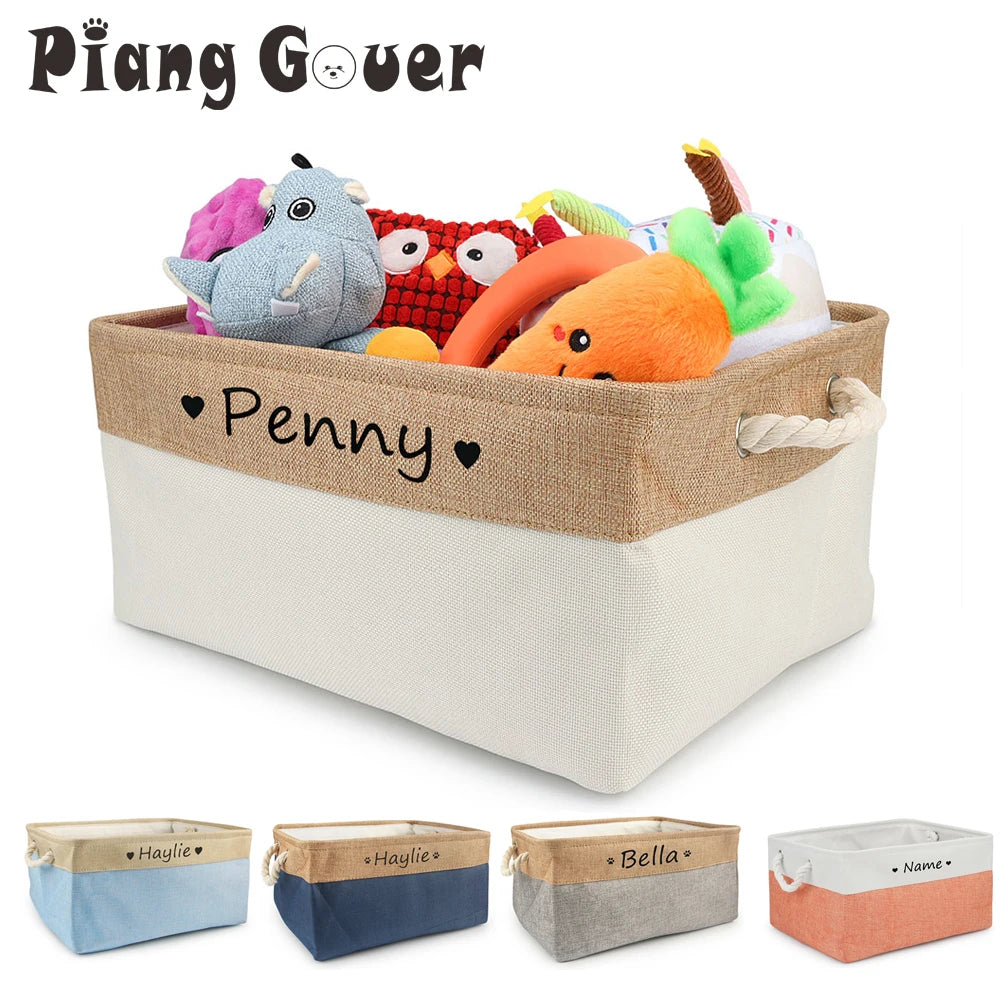 Panier de rangement personnalisé pour chien – Boîte à jouets en lin avec prénom | S, M, L